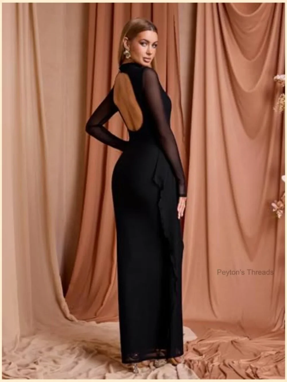 Long Sleeve Bodycon Maxi Dress Mesh Tie Backless Formal Party Cocktail